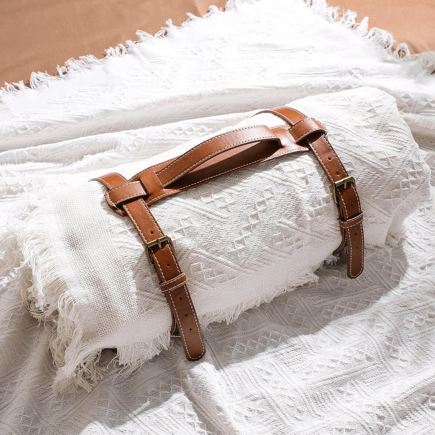 Waterproof Picnic Blanket - 71x71 Inch Foldable Outdoor Mat | Double Layer Sandproof Beach Blanket with Carry Strap (White)