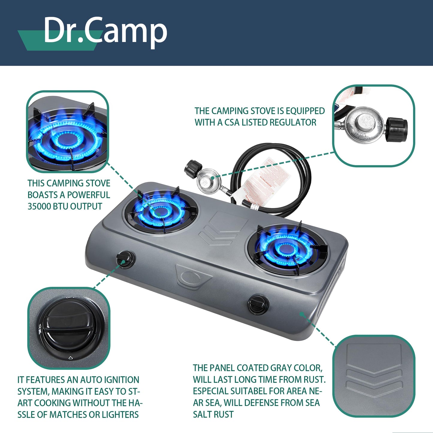 Dr.Camp 35000 BTU super power auto ignition Camping Hiking Garden Hiking Garden Yard Outdoor Propane Double Burner Stove Cooker Grill, included CSA listed regulator and gas hose