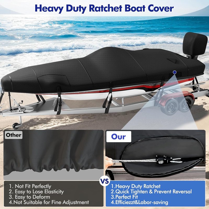 Heavy Duty Boat Cover - 1200D Waterproof Protection for 17-19ft Bass Boats | Ratchet Hem Tightening, Black