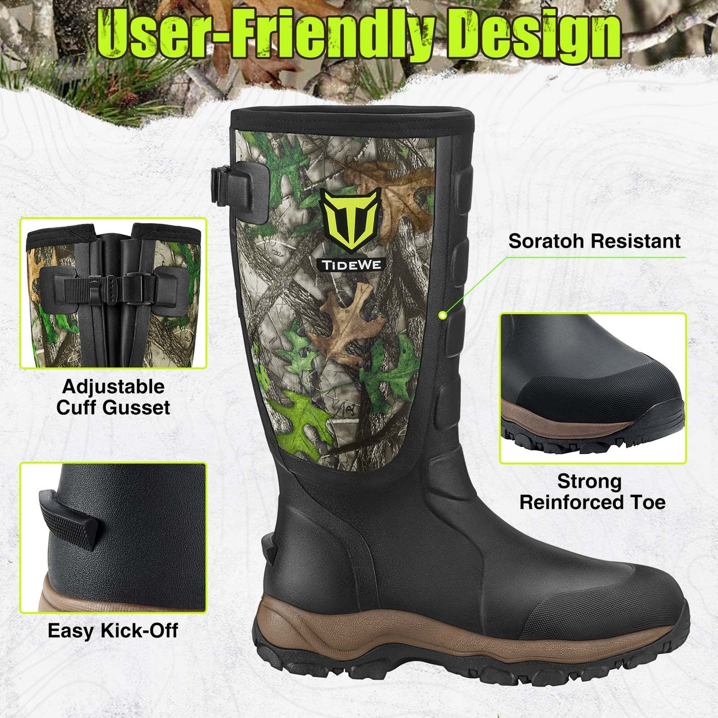 TIDEWE Hunting Boots Snake Proof for Men, Waterproof Insulated Warm Rubber Boots with Steel Shank, 5mm Neoprene Warm Sturdy Lightweight Outdoor Boots, Sturdy Work Boots for Farming Gardening Fishing