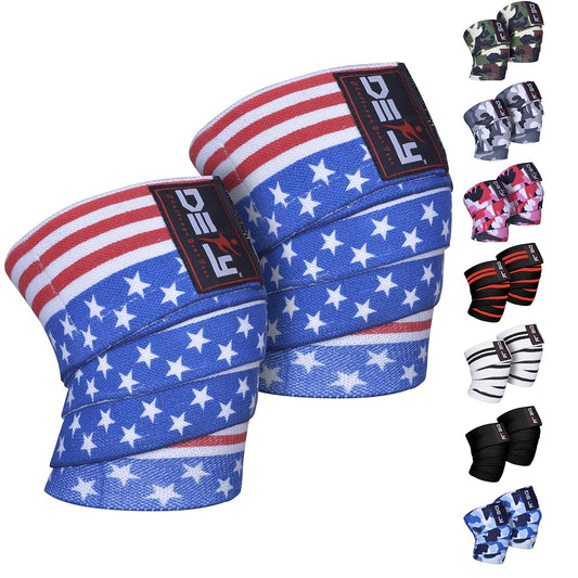 DEFY Sports' Knee Wraps for Weightlifting - Provides Knee Support for Powerlifting, Squats & Fitness Workouts - Ideal Knee Wrap for Men and Women  (1 PAIR) (American Flag)