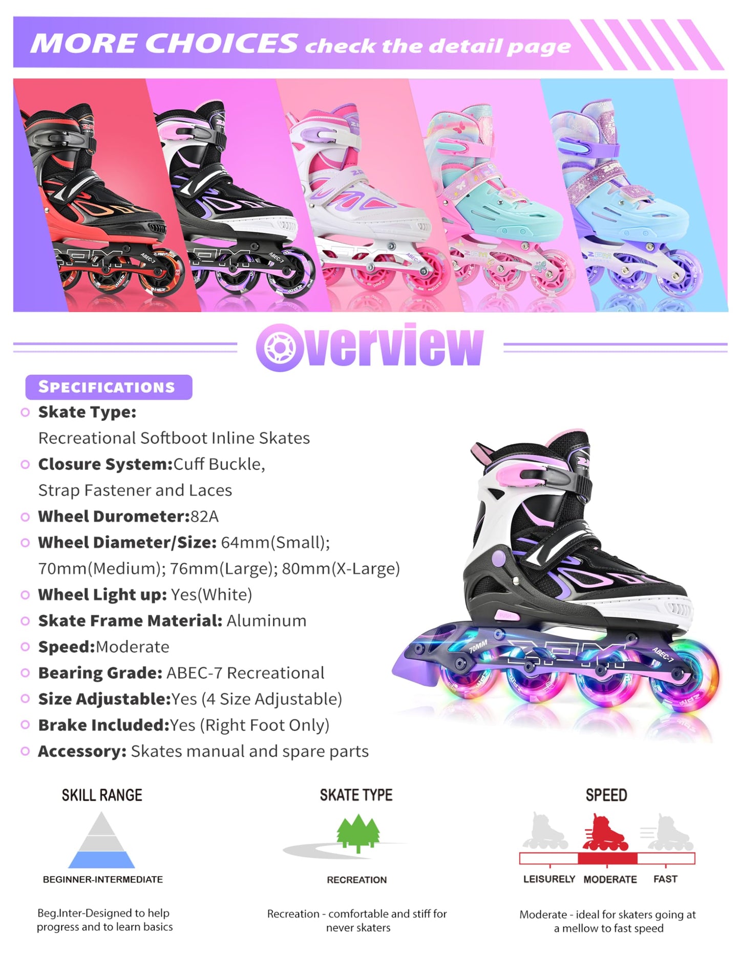 2PM SPORTS Vinal Inline Skates for Girls Boys Kids Ages 5-8 8-12 with Adjustable Illuminating Wheels, Inline Roller Skates for Youth Women Men - Purple Pink Extra Large