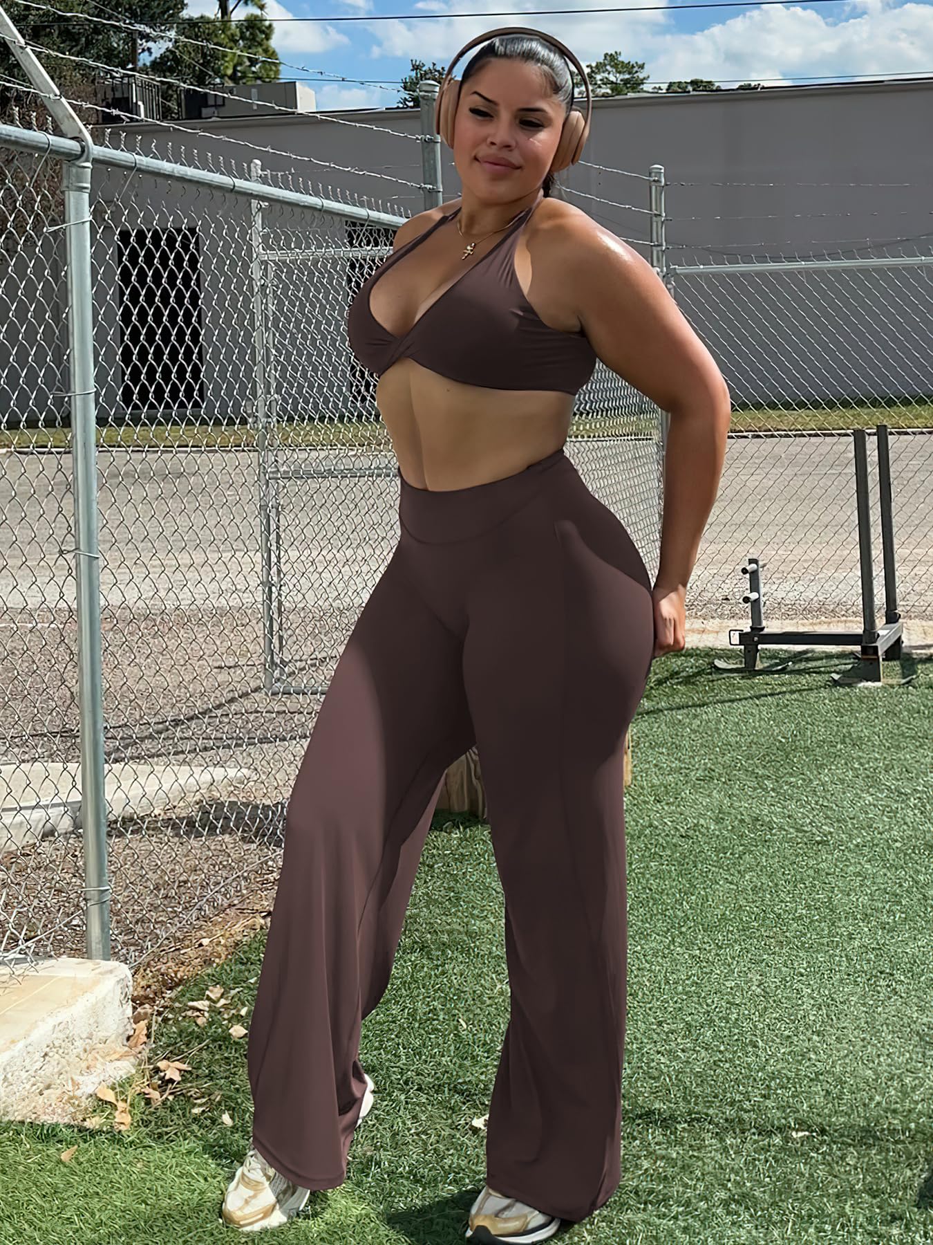 YEOREO Workout Leggings Womens No Front Seam Straight Leggings 31.5" High Waist Buttery Eddiy Gym Yoga Pants Plum Brown M