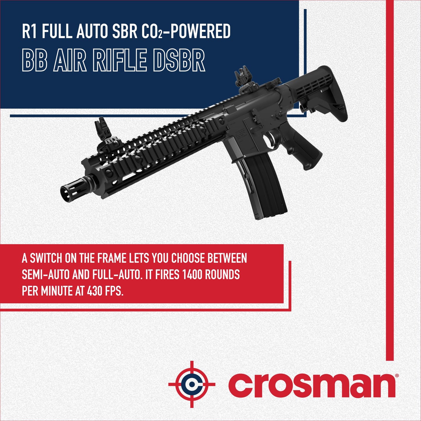 Crosman Full Auto R1 CO2 BB Air Rifle with 25-Round Magazine - Full and Semi-Auto Action, 1400 round per minute rate, Adjustable Stock, Quad Rail - Black