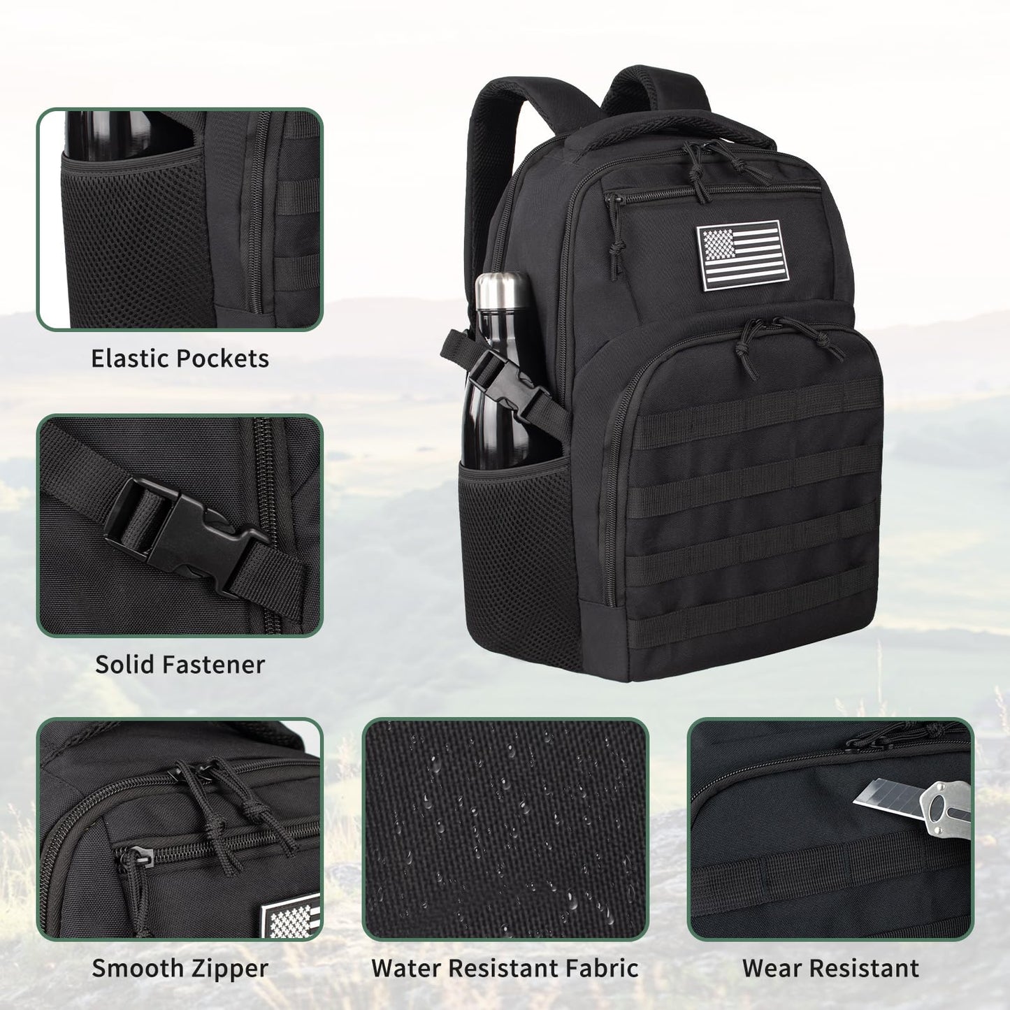 TBNBO Military Tactical Backpack for Travel Hiking,Black Backpack for Men with Bottle Holder, 30L Small Laptop Backpack for Work, Men's Assault Bag Back Pack