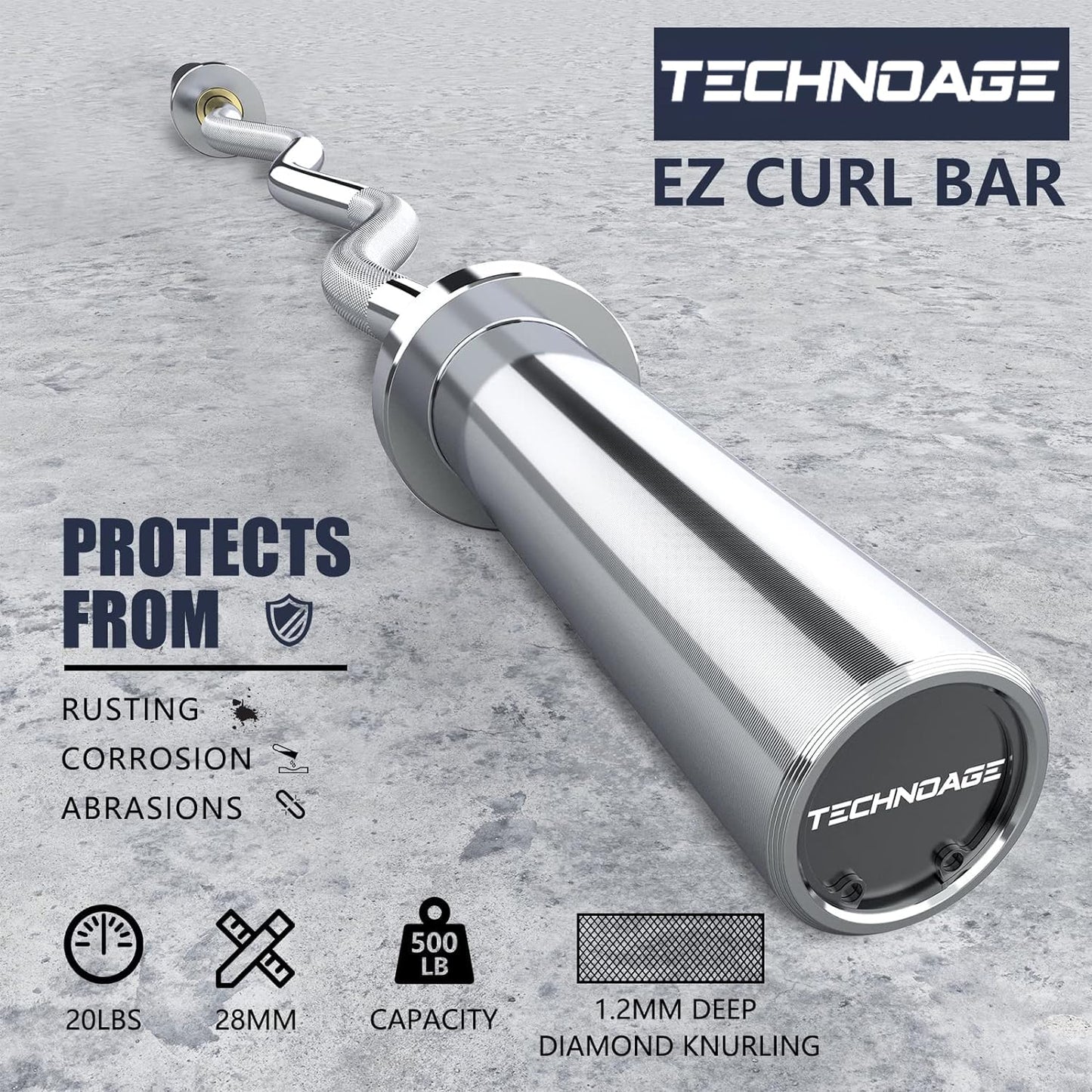 TECHNOAGE EZ Curl Bar Olympic, 47" Curl Bar(500LBS Capacity) for 2-inch Weight Plates, 20LB Solid Chrome Barbell with Copper Sleeve and Bearing Connection