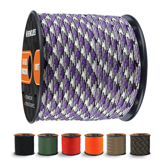 650lb Paracord/Parachute Cord - 9 Strand Paracord Rope - 100', 200' Spools of Parachute Cord, Type III Paracord for Camping, Hiking and Survival (Purple Mix, 100 Feet)