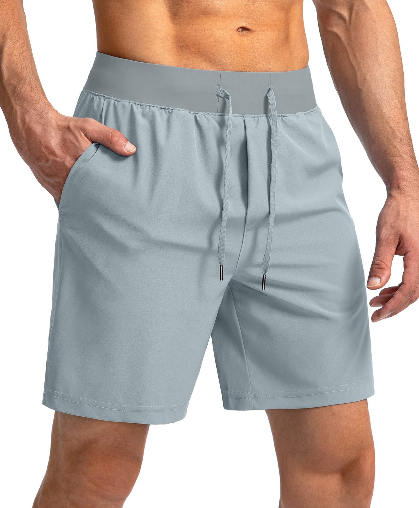 Soothfeel Men's Running Shorts with Zipper Pockets 7 Inch Lightweight Quick Dry Gym Athletic Workout Shorts for Men (Light Grey2, L)