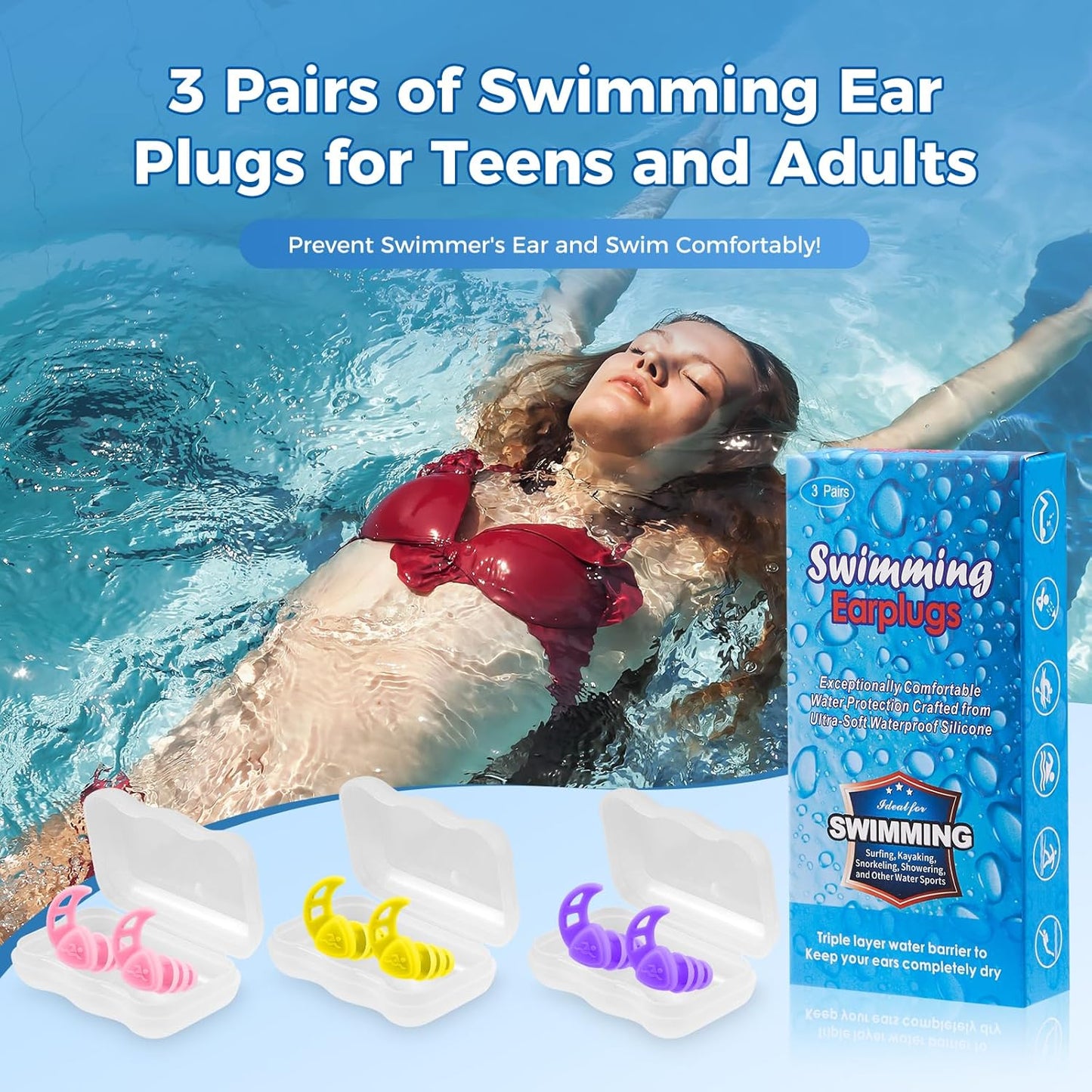 Swimming Earplugs for Adults - Comfortable Waterproof Silicone Design | Perfect for Pool & Beach Use