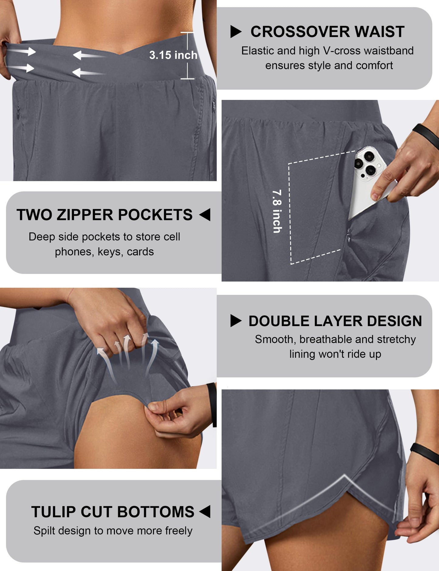 Blooming Jelly Women's Workout Shorts Athletic Running Elastic High Waisted Black Gym Yoga Shorts with Zipper Pockets (Medium Grey,Medium)