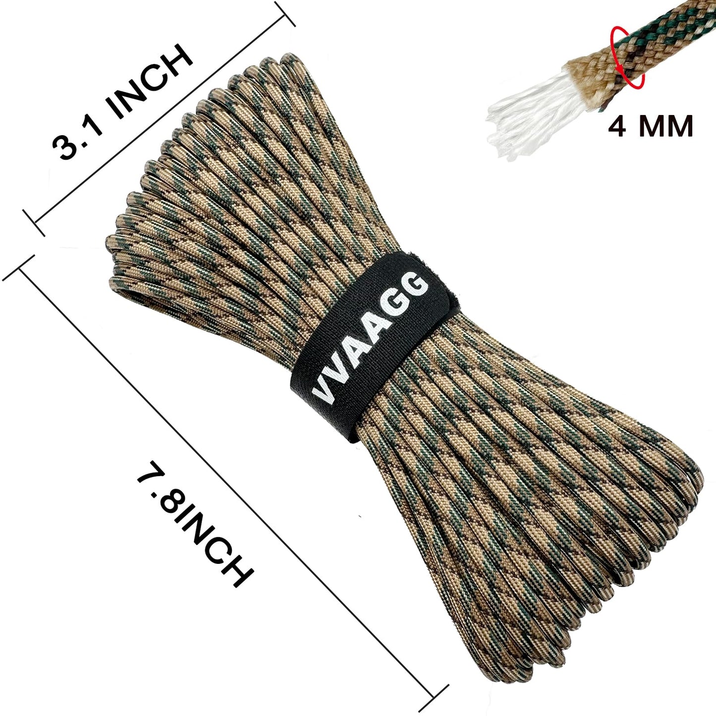 VVAAGG 550 Paracord 100FT Strong Rope, Heavy-Duty Camo Tactical Parachute Cord Outdoor Camping Gear Tent Rope, 4mm