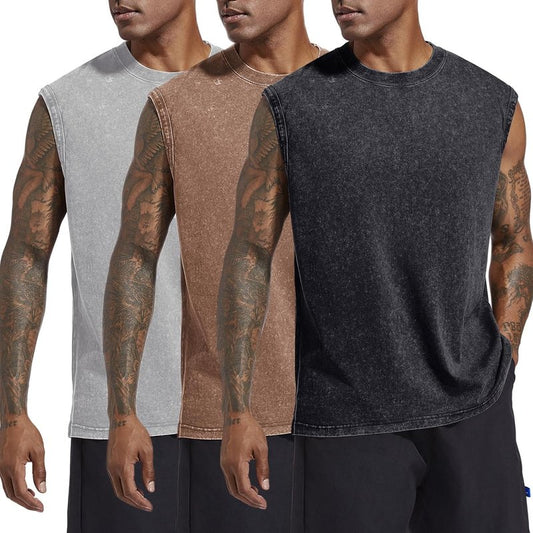 Men's Cotton Workout Tank Top - Sleeveless Acid Wash Gym Tee | Loose Fit Muscle Shirt