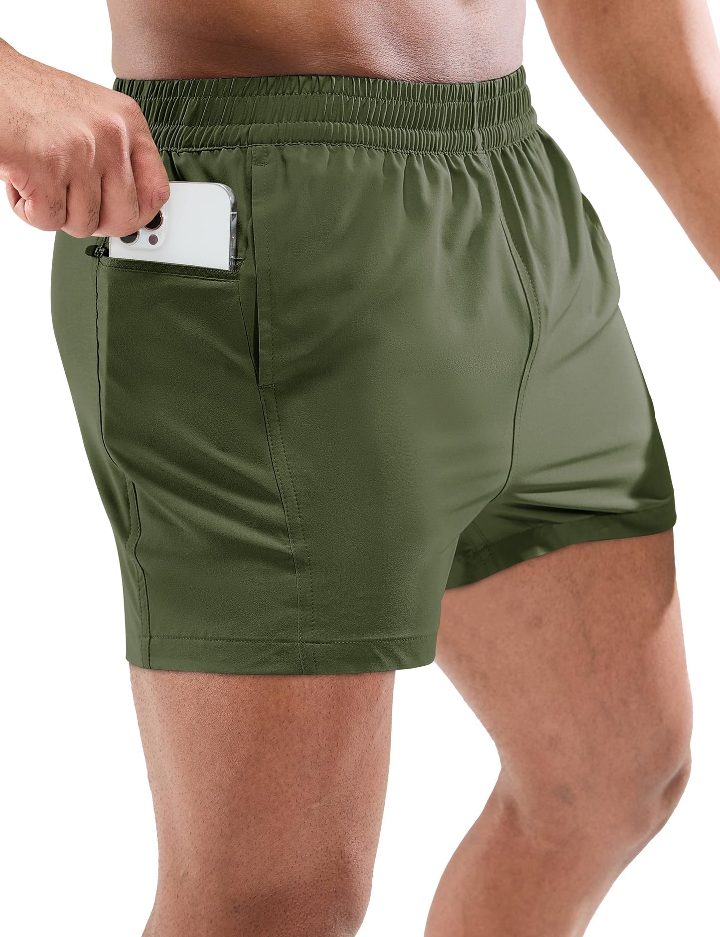 Men's Quick Dry Running Athletic Shorts 3 Inch with Pockets Elastic Waisted Gym Sport Workout Fitness Shorts, Army Green, S