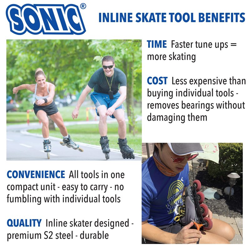 SONIC Pro Inline Skate Tool + H, Long 4mm hex for triskate Frame mounting Bolts, 7 Tools, Rotate Wheels, Remove Bearings, Designed in USA