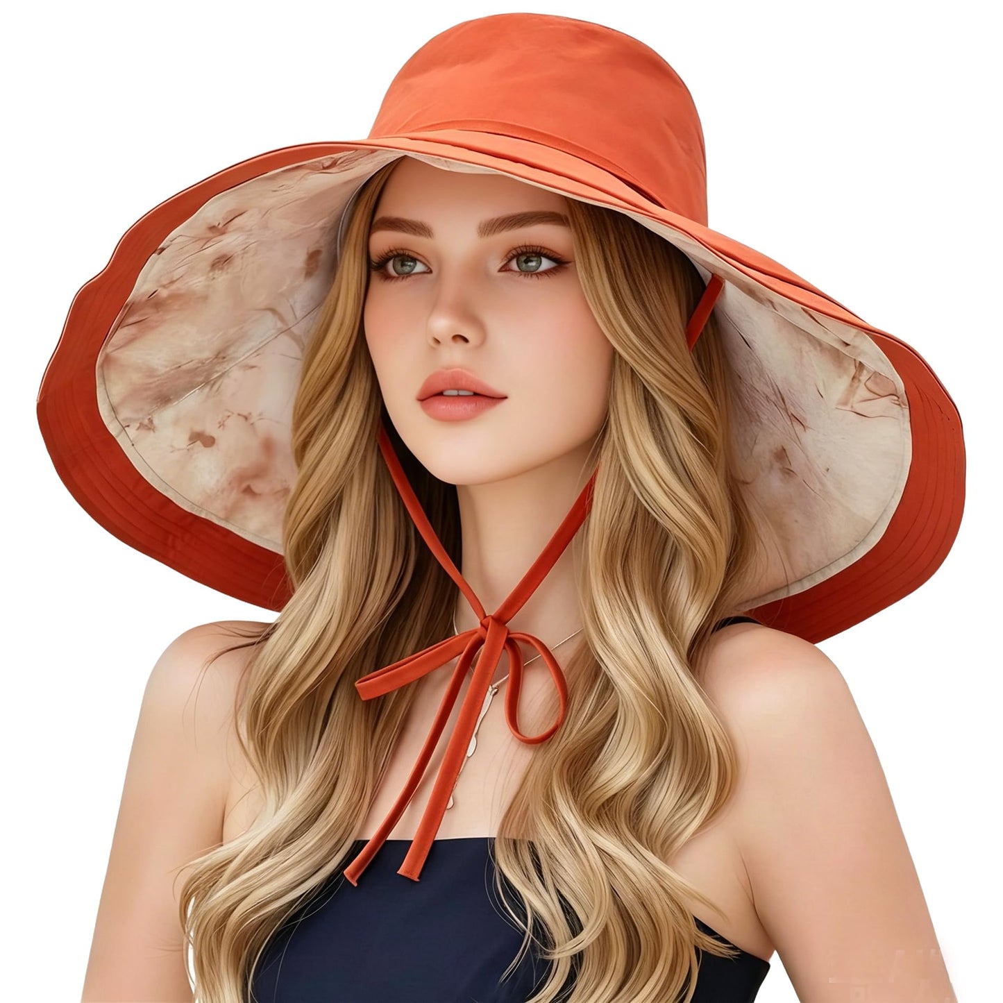HUAMULAN Wide Brim Women Summer Sun Floppy Hat Ponytail Beach Bucket Fishing Hats Reversible Packable Outdoor UV Protection Orange