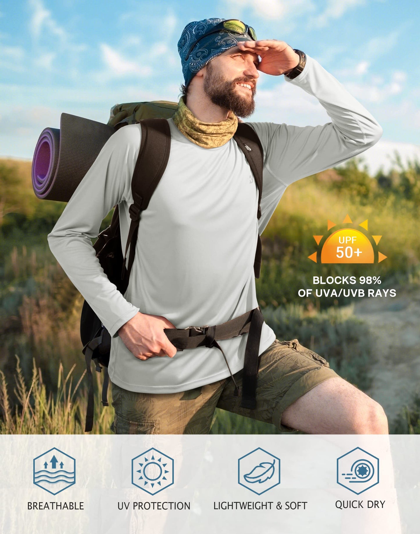 Roadbox Mens UPF 50+ UV Sun Protection Shirts Outdoor Long Sleeve SPF Diving Rash Guard for Fishing Hiking Swimming