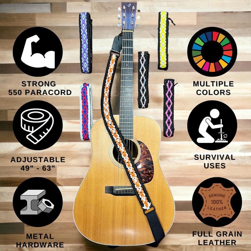 Ten Point Gear® 550 Paracord Guitar Strap - Full Grain Leather Ends for Ultimate Comfort & Durability