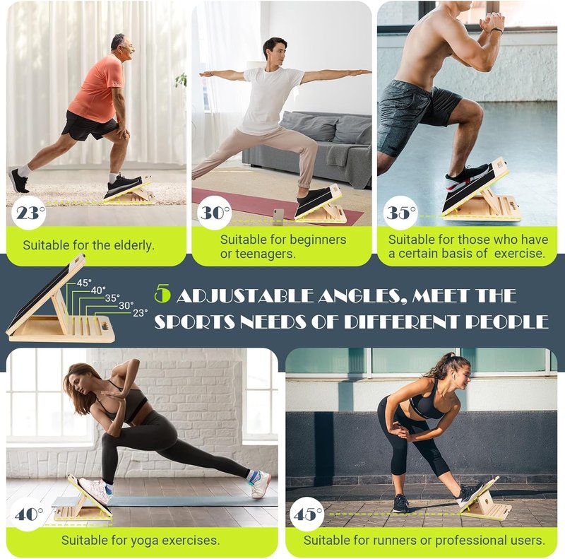 Calf Stretching Slant Board - Adjustable Wooden Incline Wedge with Training Poster | 300 Lbs Capacity
