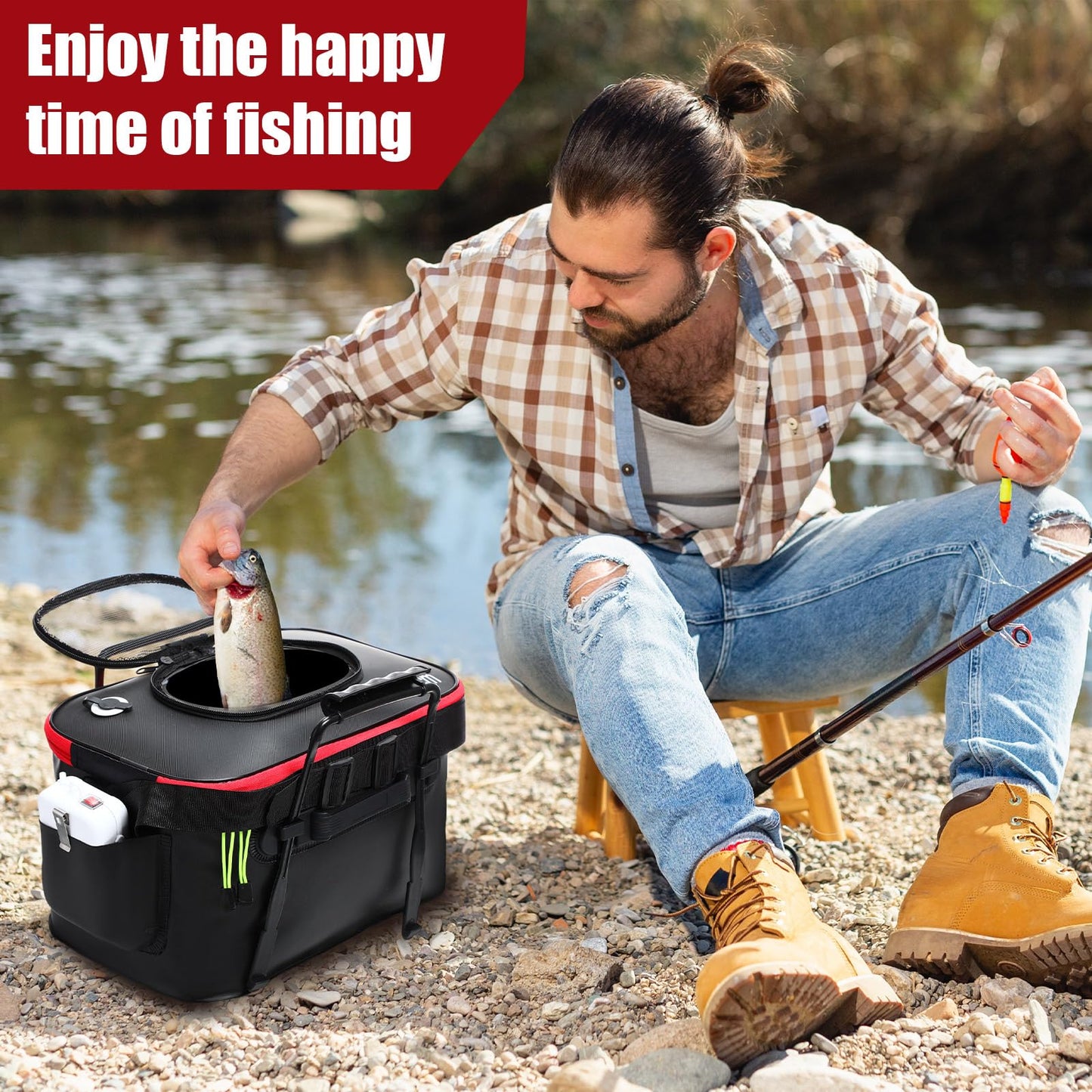 Cosblank 2 Pcs Fishing Bucket and Live Bait Aerator, Foldable Multi Functional Live Bucket Portable Quiet Aerator Outdoor Camping Fishing EVA Bag(Black,8 Gallon)
