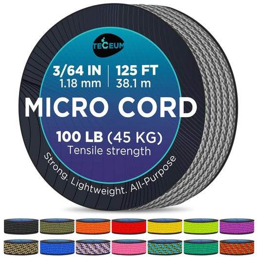 TECEUM Micro Paracord – Gray – 1.18 mm x 125 ft – Micro Utility Cord – Thin Braided Paracord Rope Nylon Polyester – Wind Chime Replacement – Survival Strong String 030c