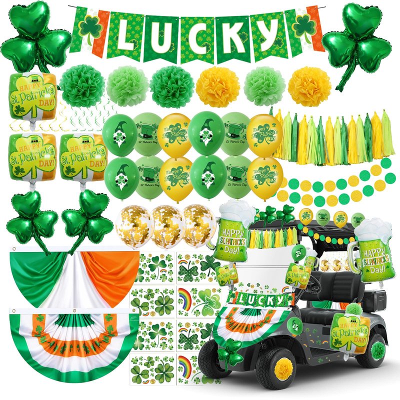 St Patricks Golf Cart Parade Decorations Kit, Complete Parade Float Accessories with Shamrock Garland for St. Patrick's Day Golf Cart Festival Decor, St Patricks Day Accessories