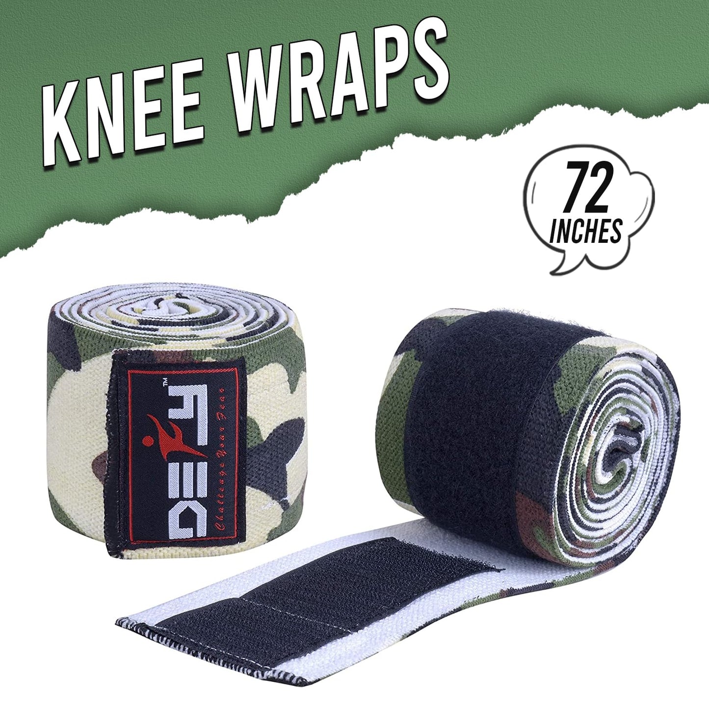 DEFY Sports' Knee Wraps for Weightlifting - Provides Knee Support for Powerlifting, Squats & Fitness Workouts - Ideal Knee Wrap for Men and Women  (1 PAIR) (Green Camo)