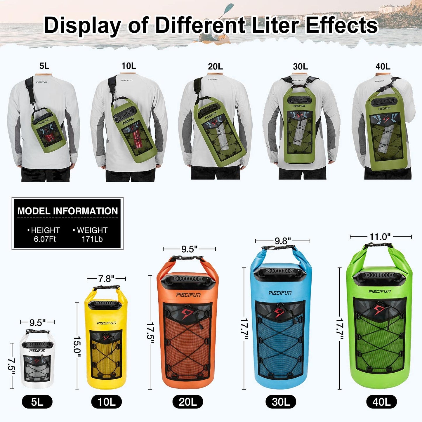 Piscifun Dry Bag, Waterproof Floating Backpack 20L with Waterproof Phone Case for Boating, Kayaking, Fishing, Army Green 20L