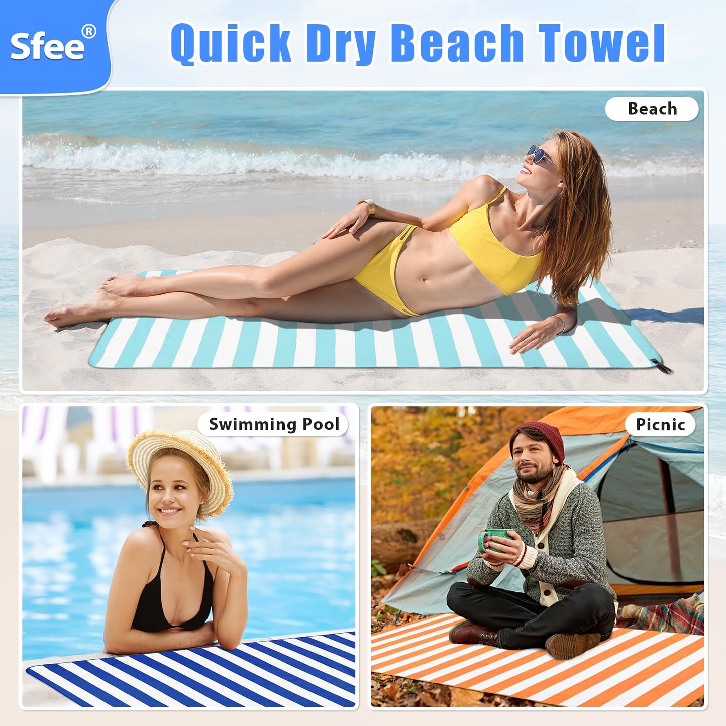 Sfee 4 Pack Microfiber Travel Towel, Beach Towel Quick Dry Towel Camping Towel Super Absorbent Compact Lightweight Sports Towel Gym Towel Set for Beach, Gym, Hiking, Pool, Backpacking, Bath, Yoga