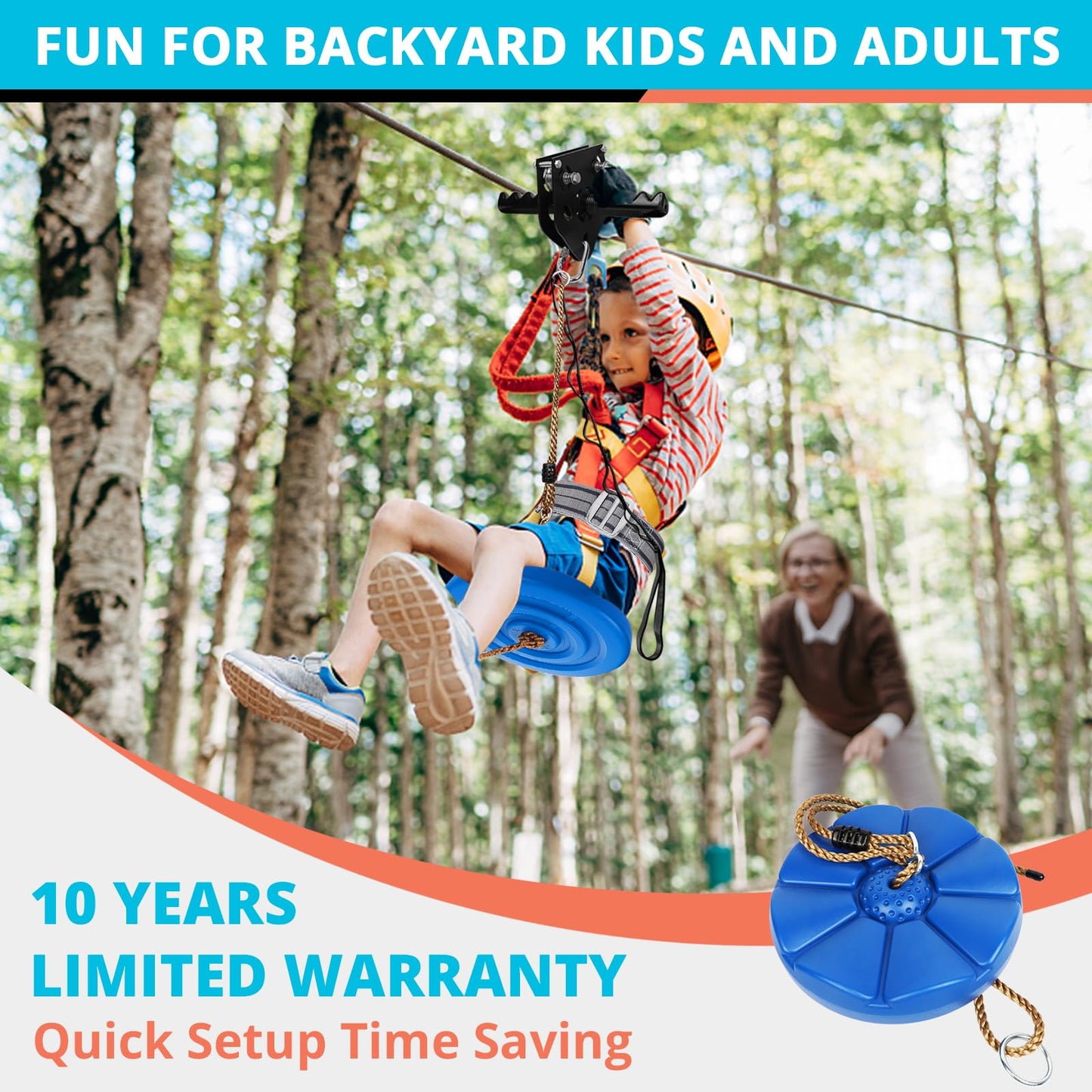 HOKINETY Zip Line Kit for Kids Adults : 100FT Up to 380Lbs - Quick Tighten Zipline for Backyard Outdoor with 100% Rust Proof Removable Trolley Seat Spring Brake