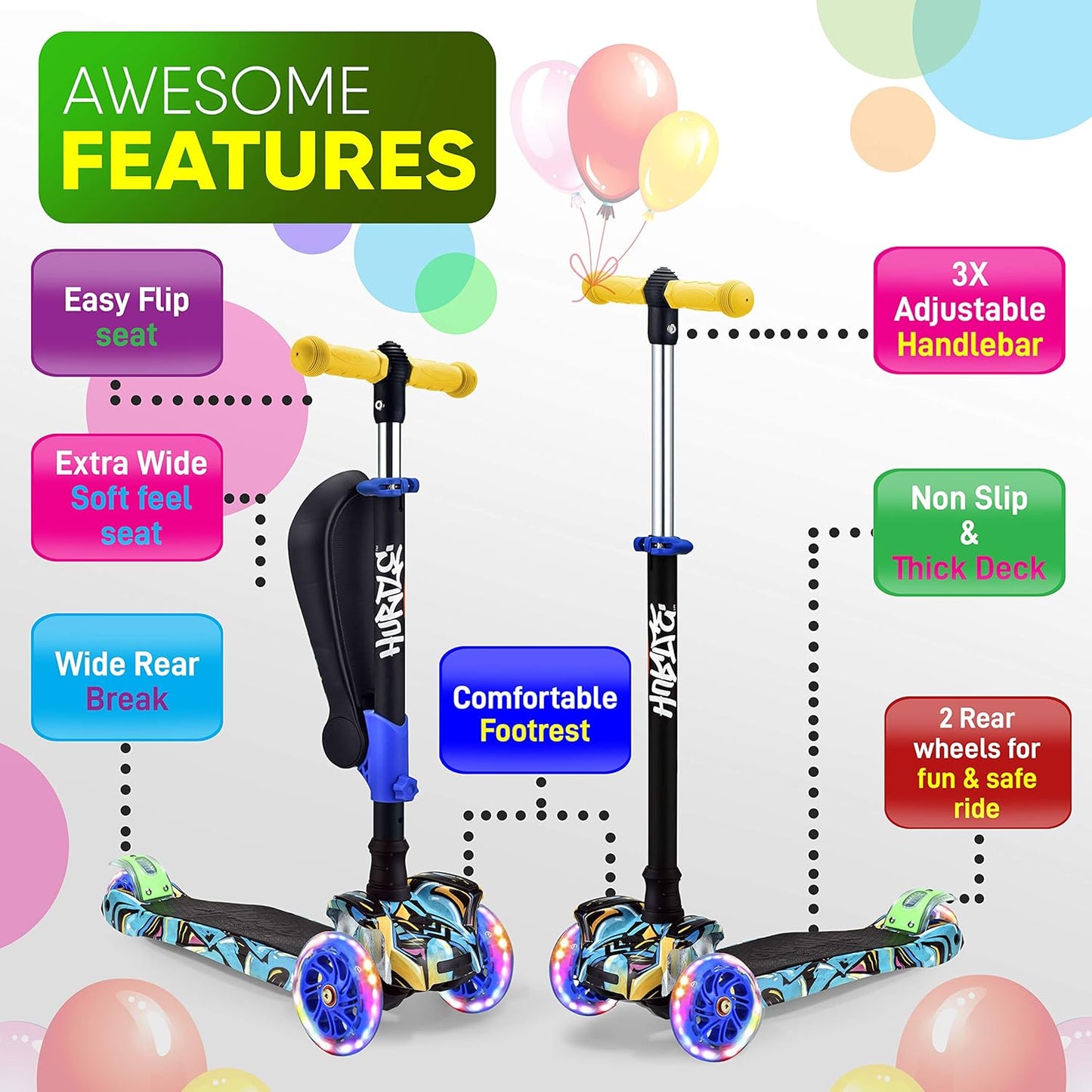 Kids Scooter - Adjustable Height 3-Wheel Kick Scooter with Foldable Seat & Flashing Lights | For Ages 1-12