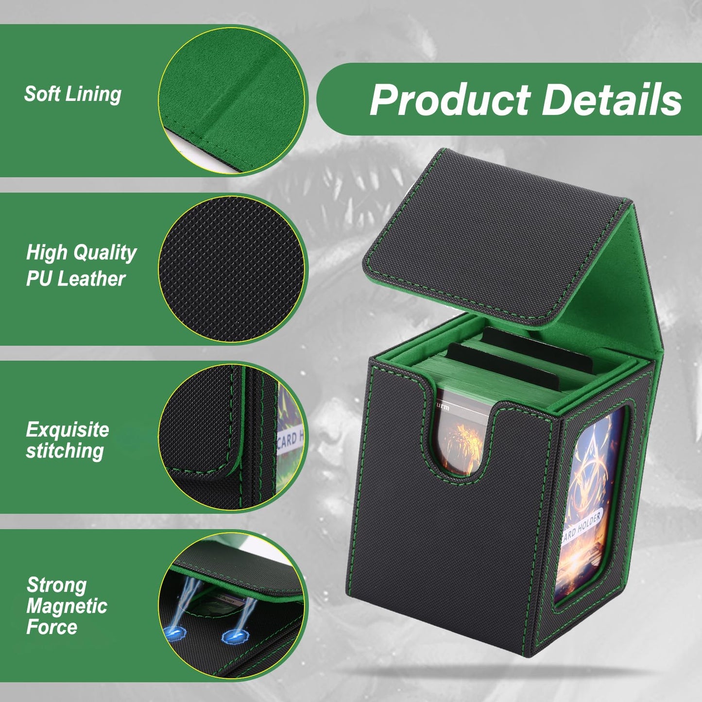 Commander Deck Box for MTG with double display windows,Card Storage Box Fits 120+ Single sleveed Cards,Magnetic Card Box with 2 Dividers&2 Toploaders for TCG Black/Green