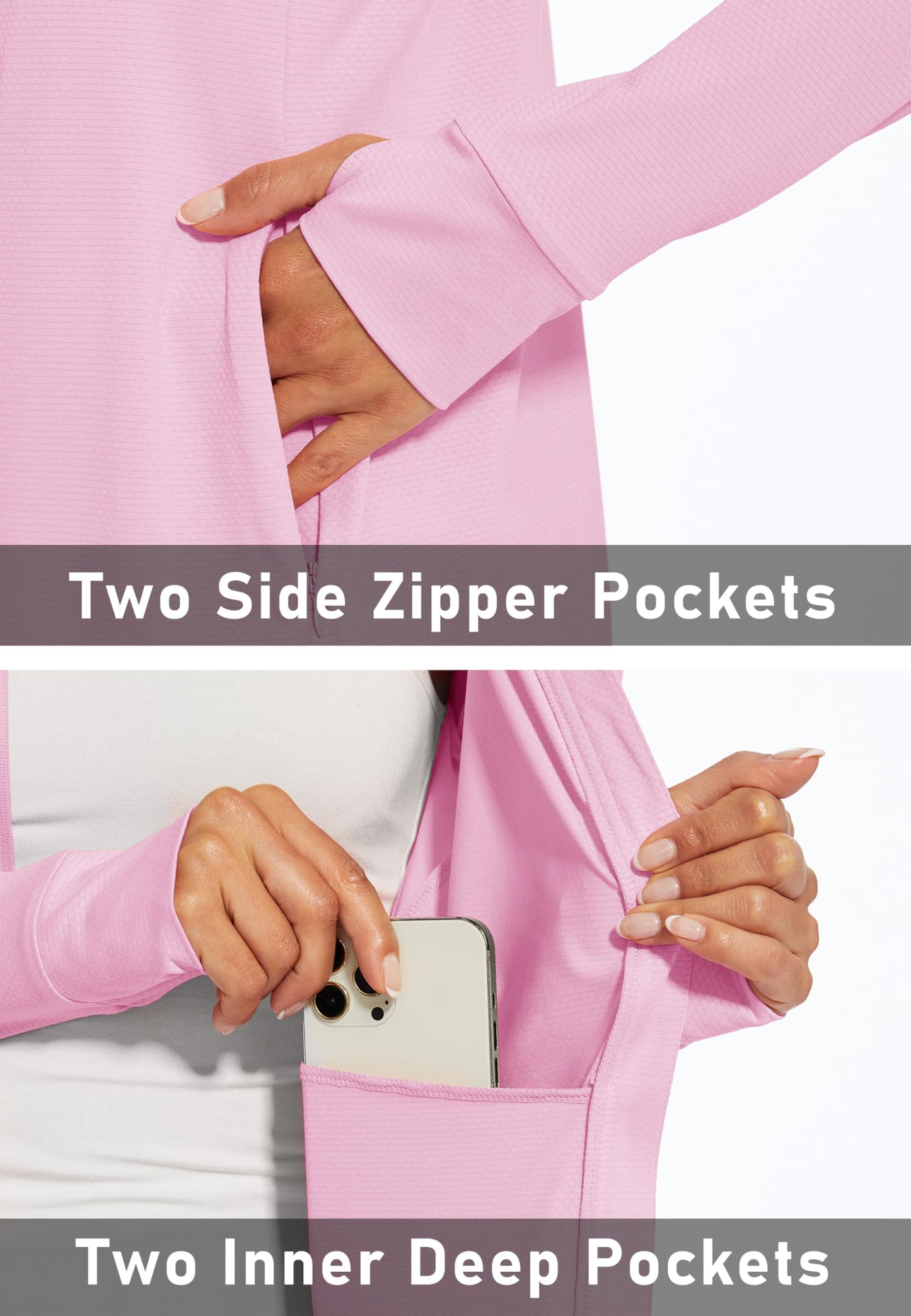 MAGCOMSEN Women's Zip Up Lightweight Long Sleeve Jacket UV Sun Protection Quick Dry Active Shirts Jacket with Zipper Pockets Light Pink L