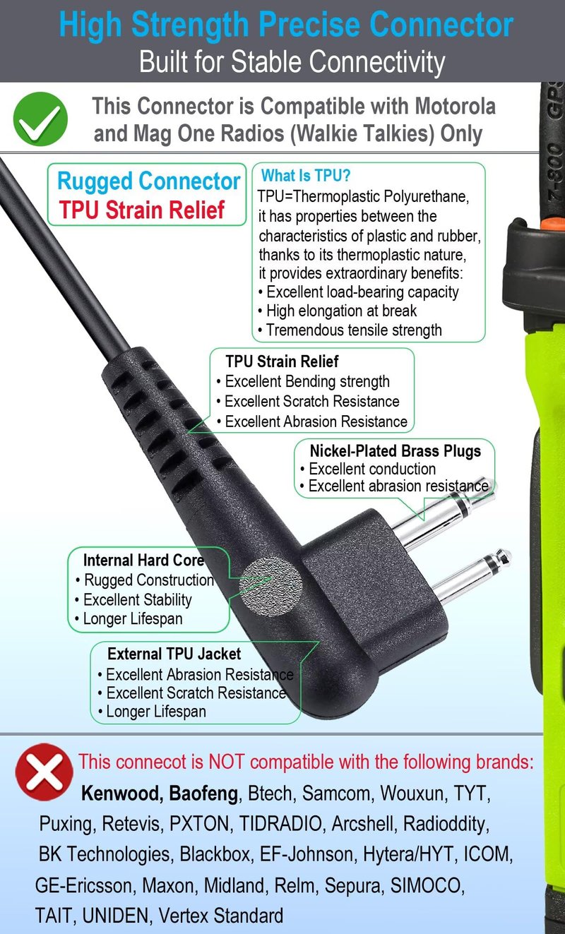 commountain earpiece for Motorola Walkie Talkie and Radio with PTT/Mic, Compatible for CP200D CP100D R2 CP200 CP185 BPR40 CLS1410 CLS1110 RMU2040 RMU2080D, Acoustic Tube Surveillance Headset, 2 Pin