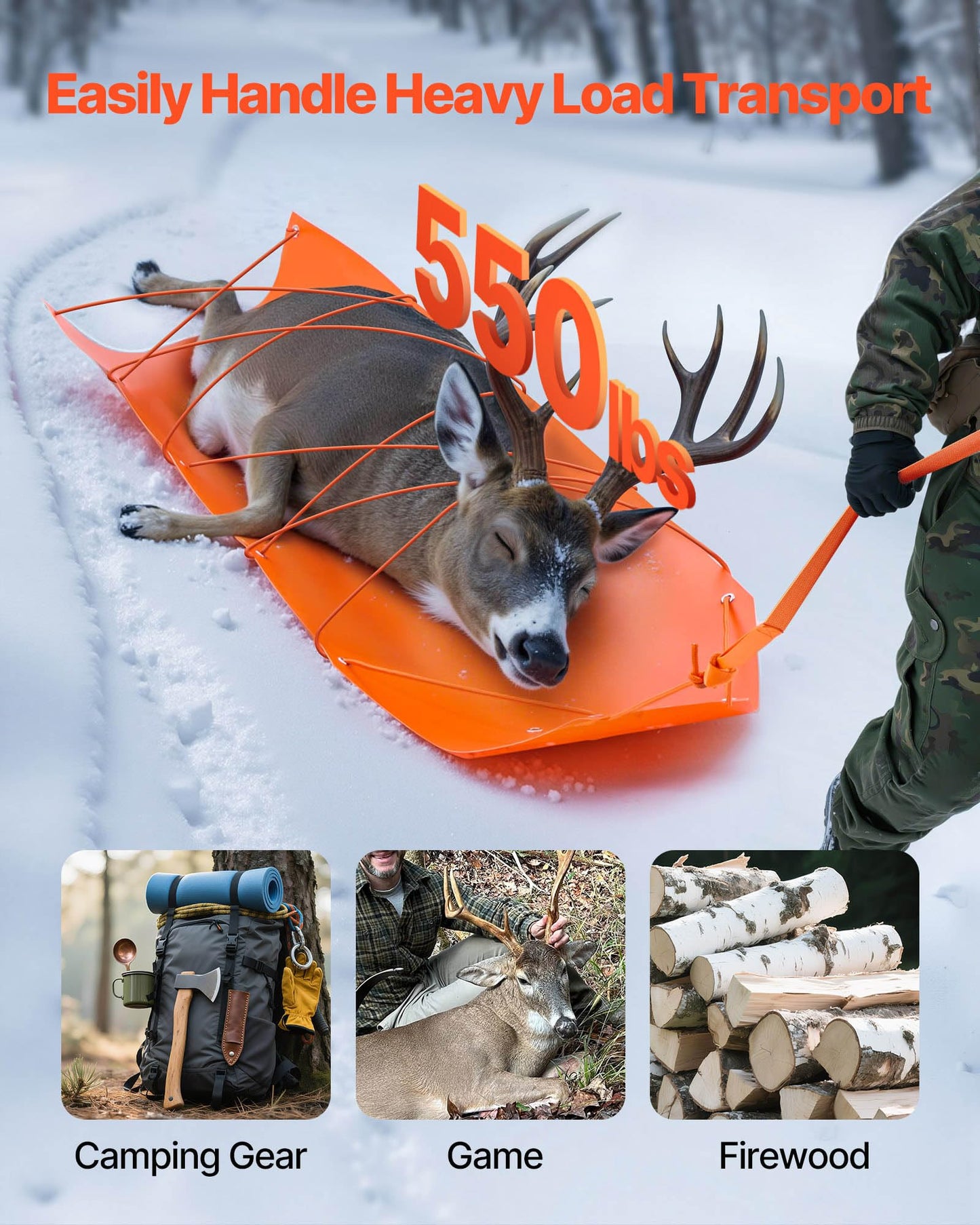 VEVOR Deer Drag Sled, 72.8 x 22.8 in, 550lbs Heavy Duty Yard Utility Sled, Tear-Resistant PE Drag Glider Mat with Ropes & Handle, Thickened Game Hauler for Firewood Ice Fishing Hauling Hunting