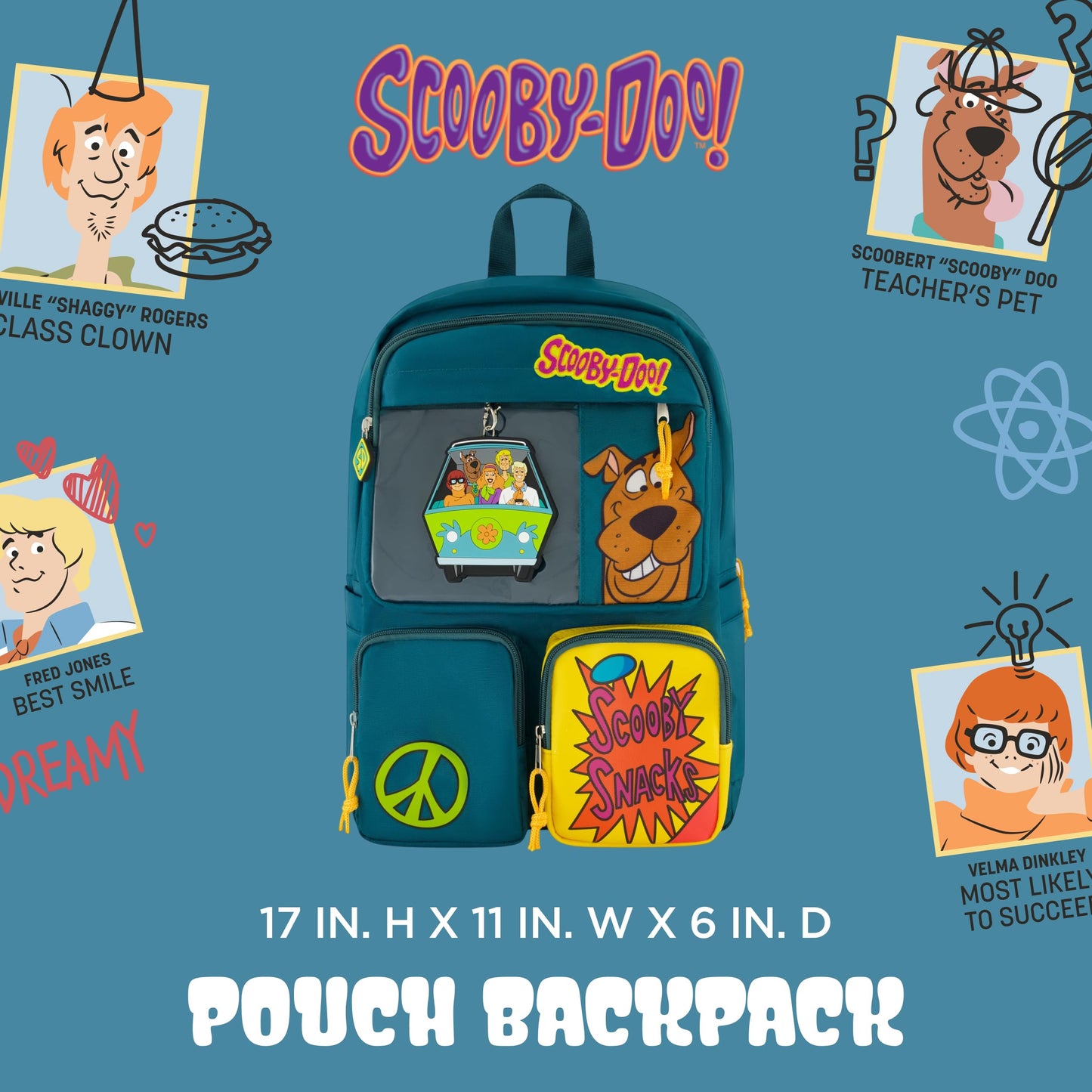 Concept One Scooby Doo Backpack with Mystery Machine Keychain, Travel Bag for Men and Women, Adjustable Shoulder Straps, Green, 17 Inch