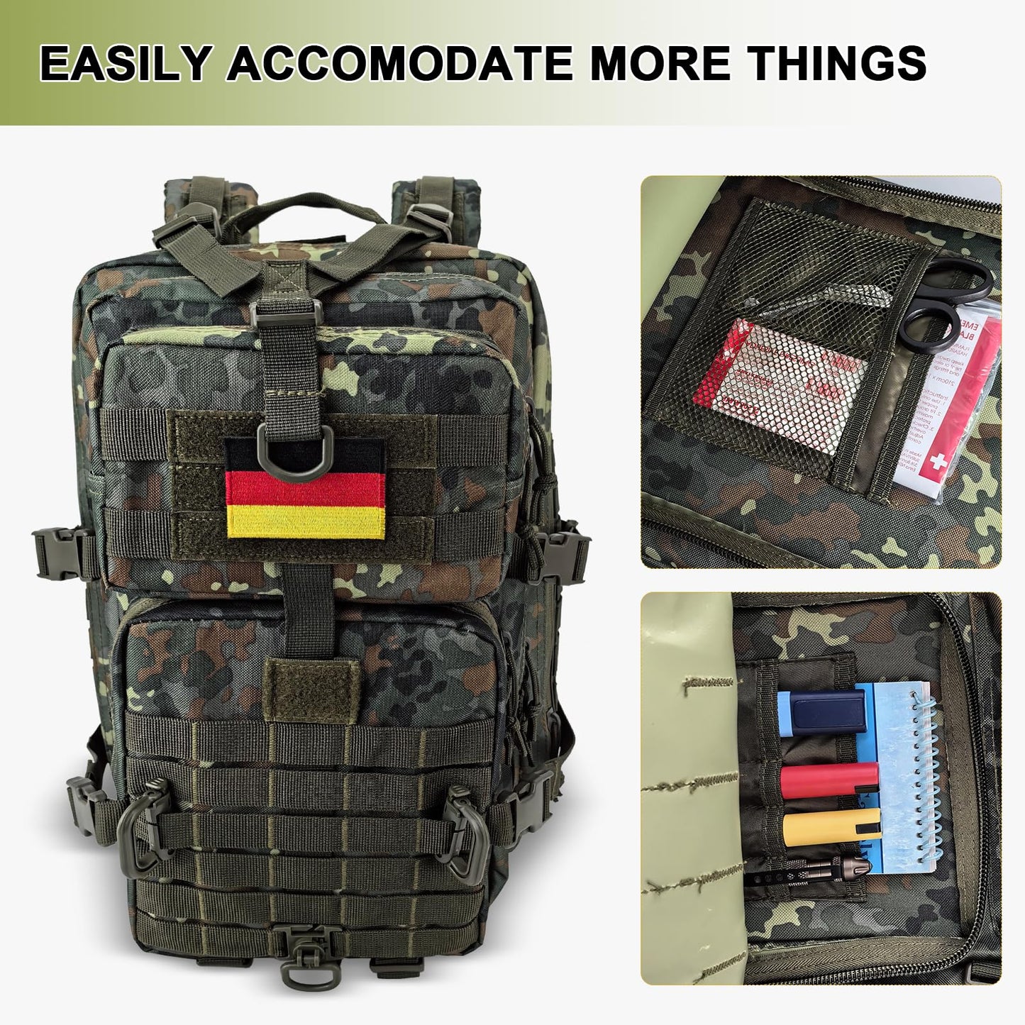 Hannibal Tactical MOLLE Assault Backpack, Tactical Backpack Military Army Camping Rucksack, 3-Day Pack Trip w/USA Flag Patch, D-Rings, Flecktarn