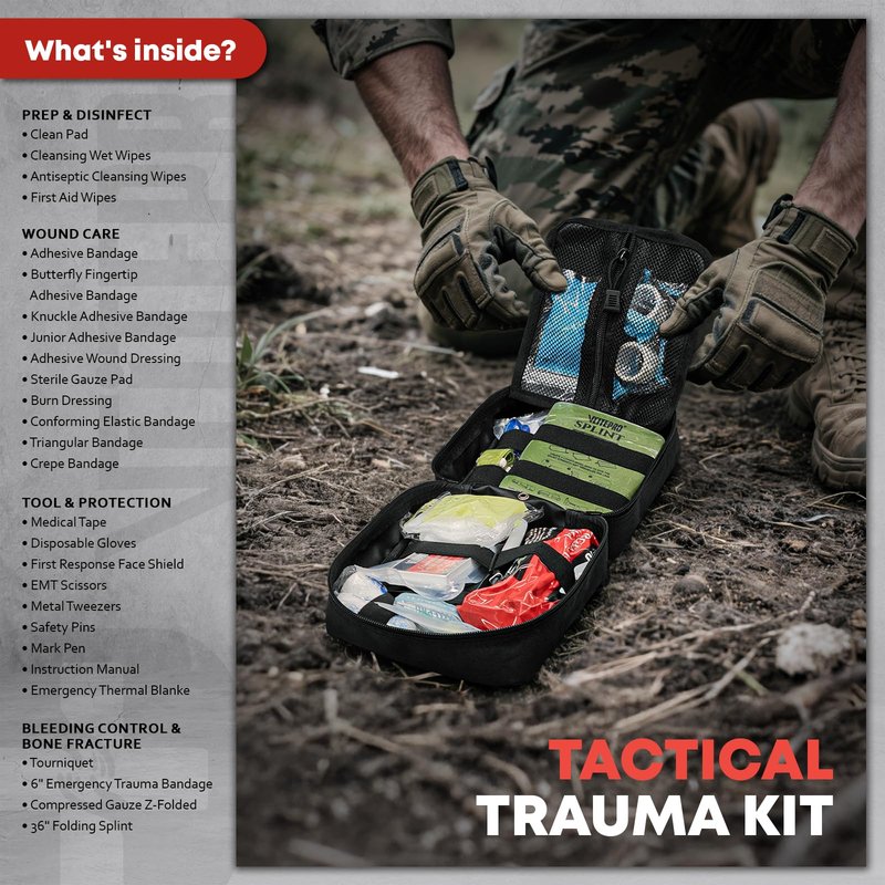 Trauma First Aid Kit - IFAK Trauma Kit with Trauma Bandage, Splint, Tourniquet, Wound Care, Bleeding Control - Tactical Molle Pouch for Military, Combat, Camping, Home, Hiking,Travel- Black