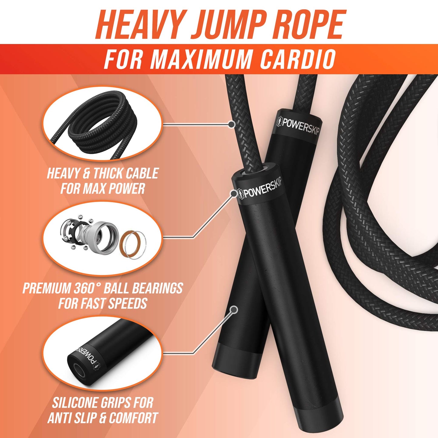 PowerSkip PII Heavy Jump Rope - Weighted Jump Rope + Steel Handles, 360° Spin, Adjustable Cable, Travel Bag & Jump Rope Workout Program (BLACK)