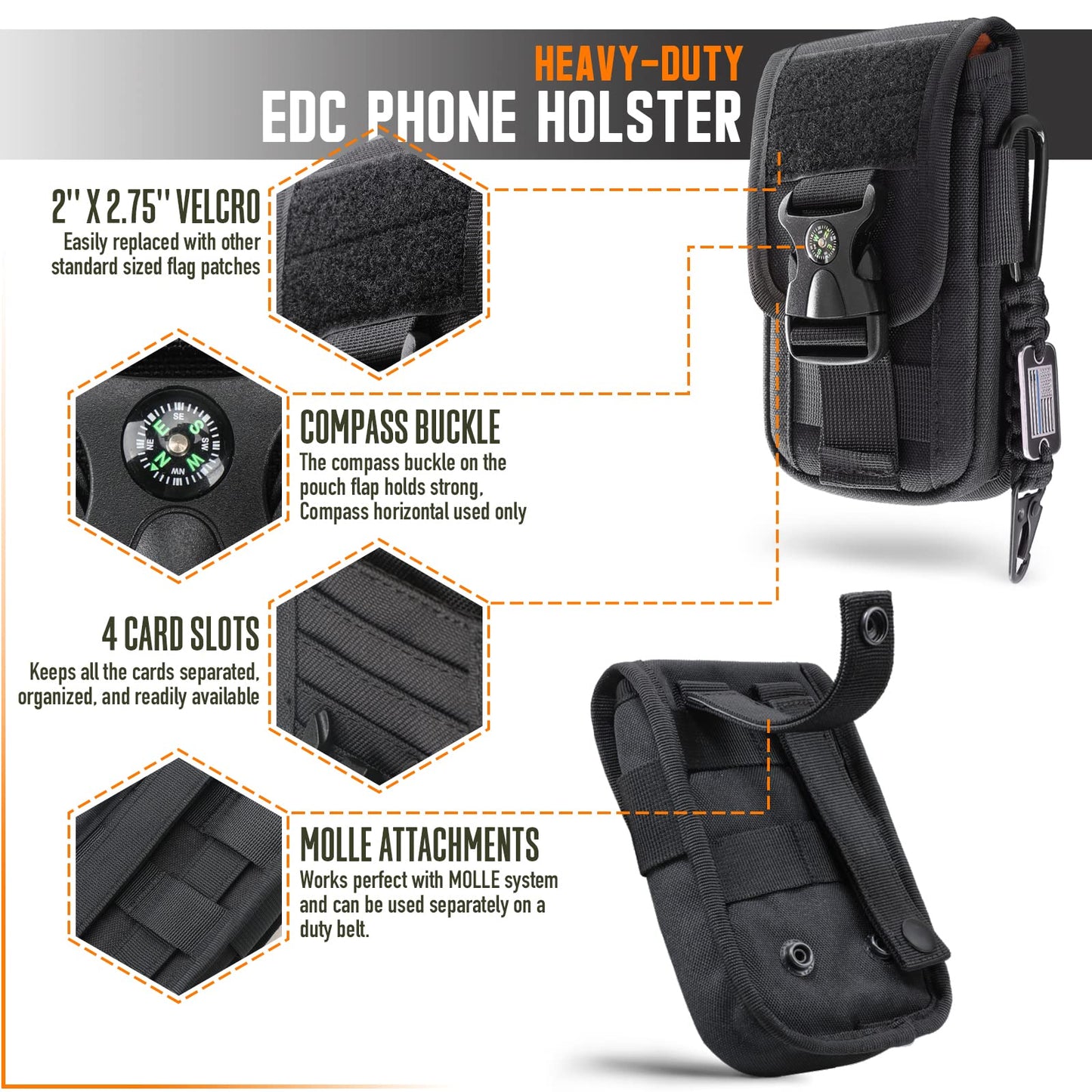 WYNEX Tactical Molle Phone Pouch with Compass Buckle, Tactical Phone Holster Molle Cell Phone Pouch Universal Belt Waist Bag for IP 15/14/13 Pro Max / S22/S21 with US Patch & Paracord Keyring Clip