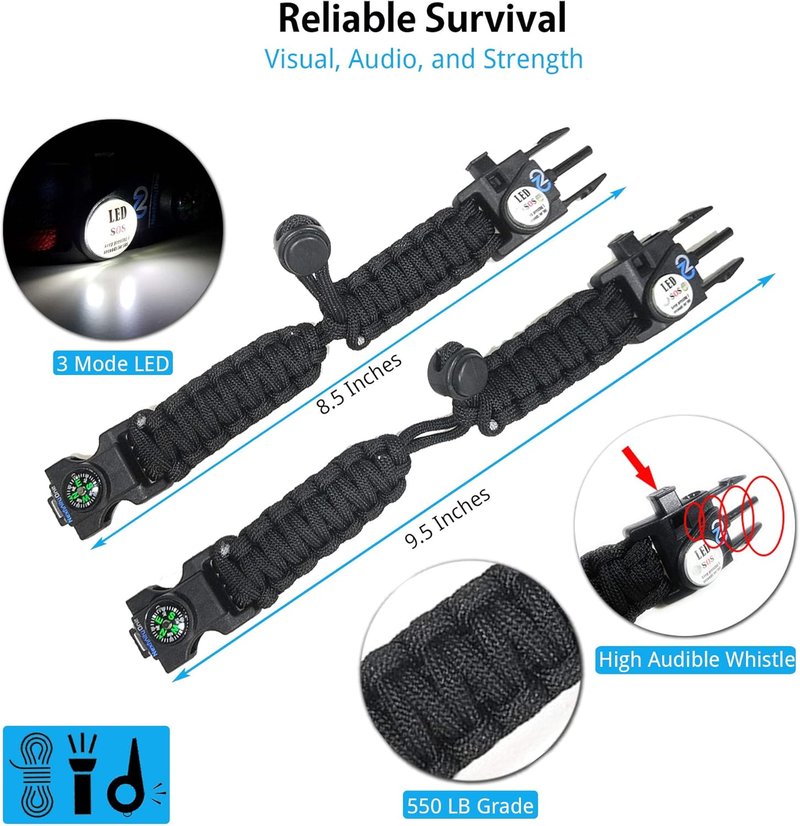 Survival Paracord Bracelet Set - 550 Grade with SOS LED Light, Fire Starter, Compass & Whistle | Adjustable for Men & Women