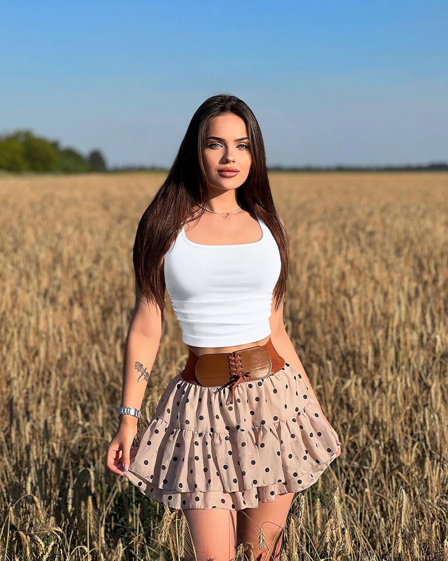 OQQ Womens 2 Piece Crop Tops Rueched Sleeveless Square Neck Stretch Basic Tank Shirts Black White