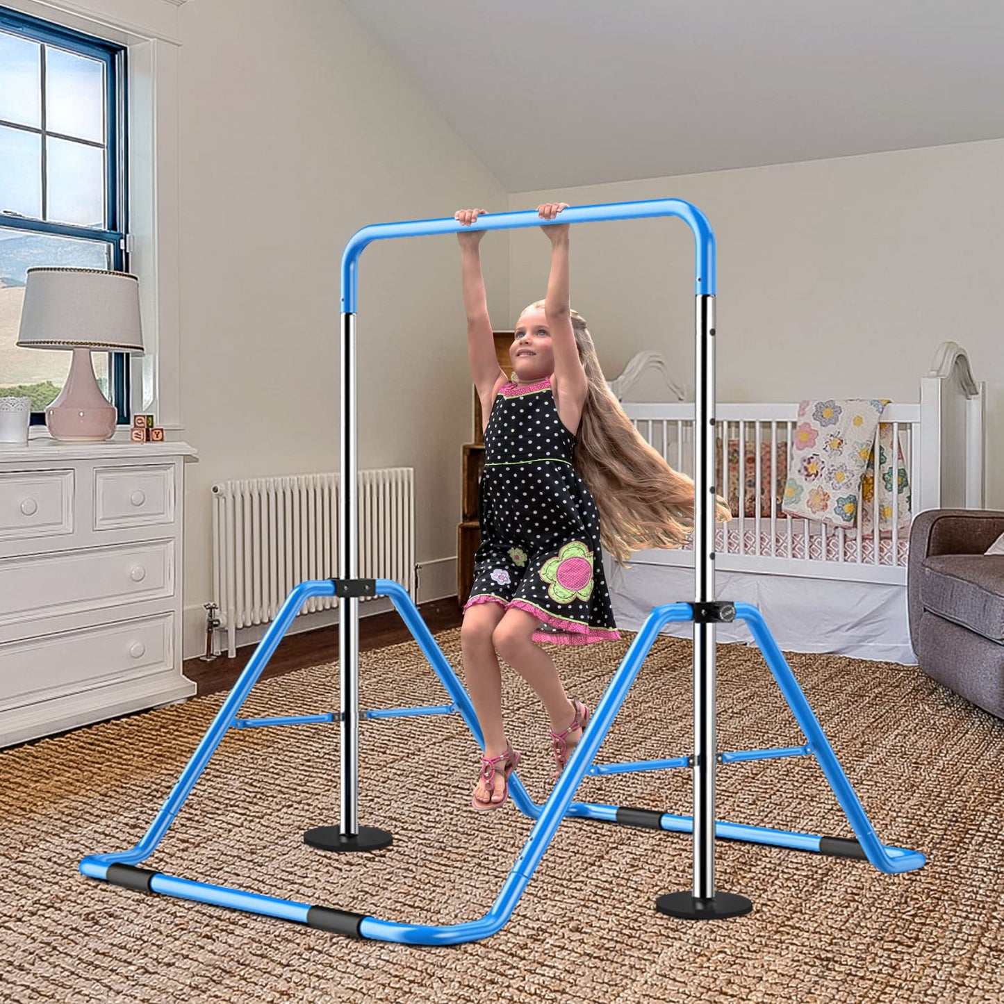 Slsy Gymnastics Bars Kids Kip Training Bars for Home, Folding Horizontal Bars with Adjustable Height, Practice Bar Gymnastic for Kid, Child, Girls, Boys (Blue Pro)