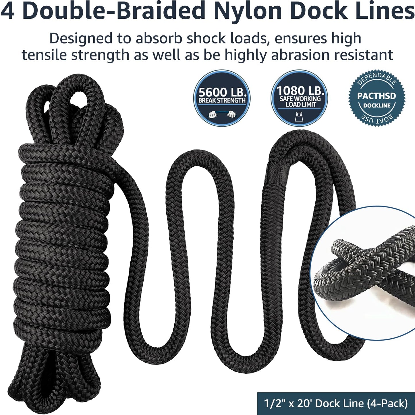 PACTHSD 4 Pack 1/2" x 20' Dock Lines - Marine Grade Nylon Boat Ropes with 12" Eyelet for Docking and Mooring - Double Braided Boat Lines, High Strength, Easy Handling, Fray Resistant - Black