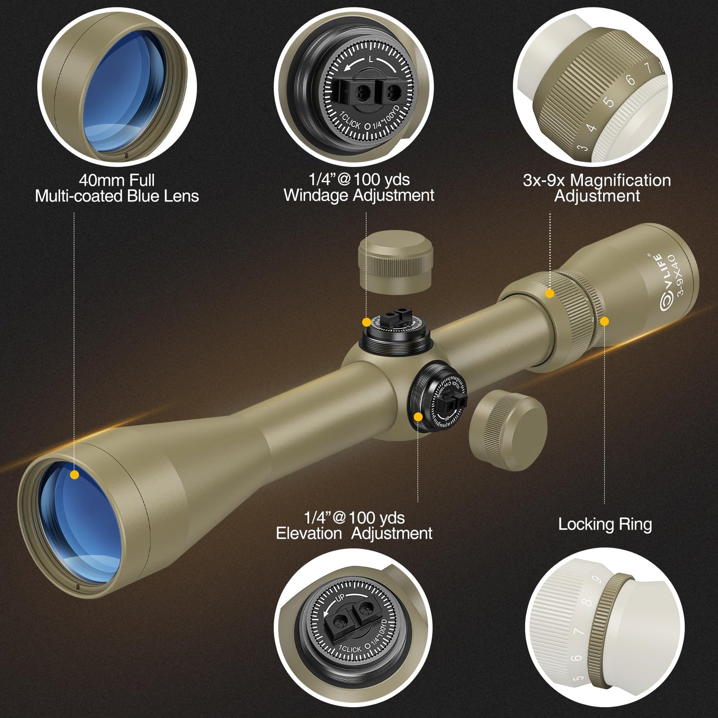 CVLIFE 3-9x40 Optics R4 Reticle Optics Crosshair Scope with 20mm Scope Mounts, Flat Dark Earth