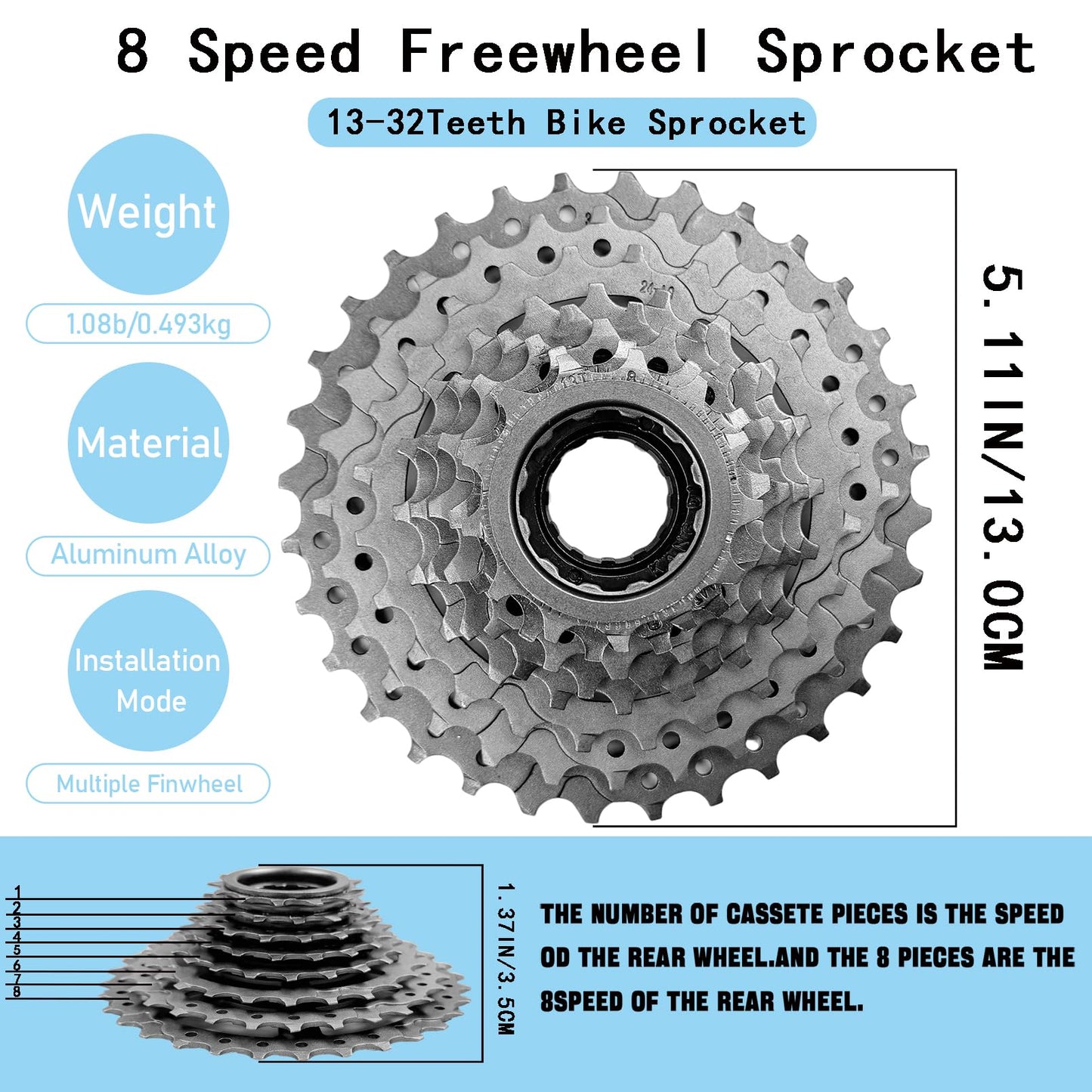 VERKSTAD 8 Speed Bike Freewheel, Bicycle Freewheel 13-32T Cycling Replacement Part for Mountain Bike Folding Bike Commuter Bike