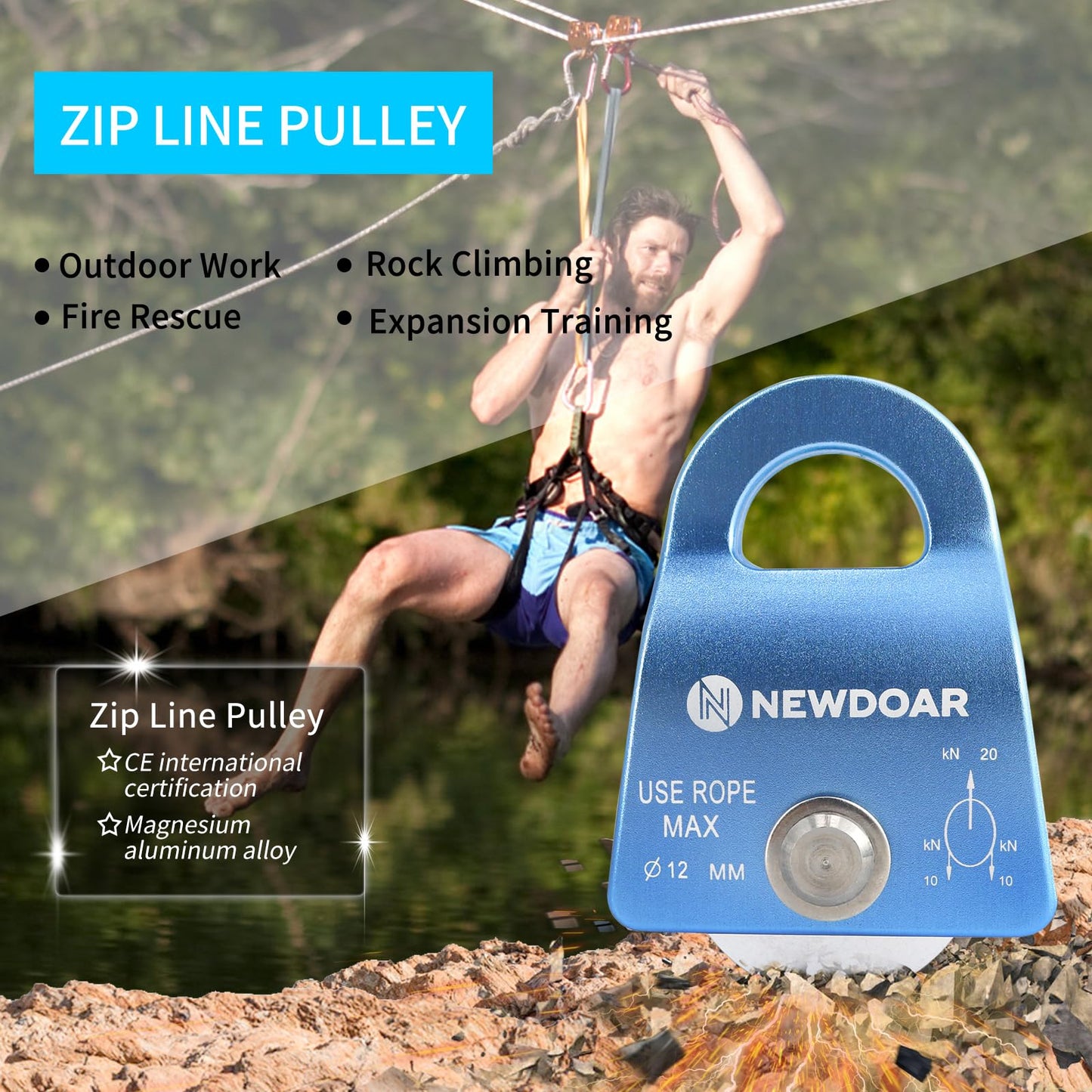 NewDoar Micro Mobile Single Pulley,20kN(4500 lb) Max Rope 1/2in for Rigging Arborist Climbing Rescue,CE Certified(20KN Blue 2pcs)