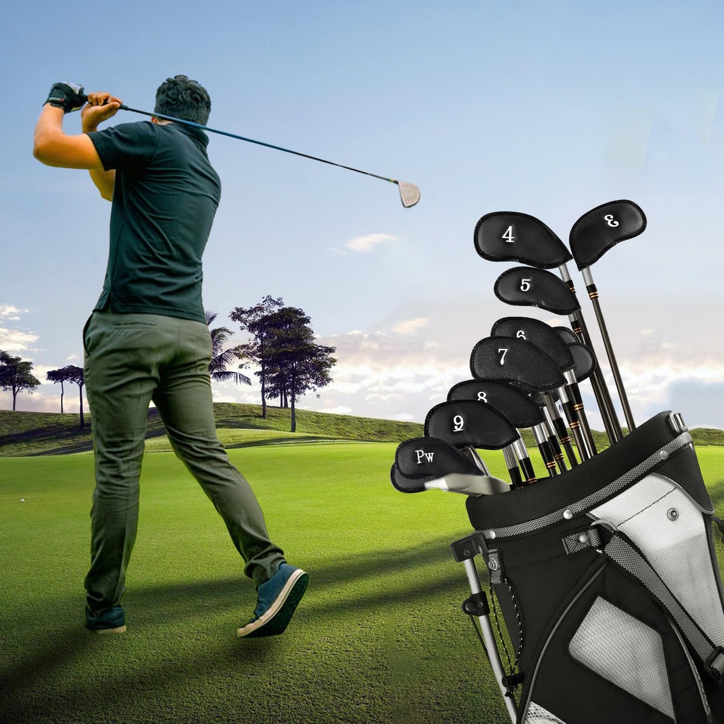 Mupera 12 Piece Black Leather Golf Iron Heads, Embroidery Golf Club Covers for All Brands, Provide Durable and Stylish Protection for Your Golf Clubs