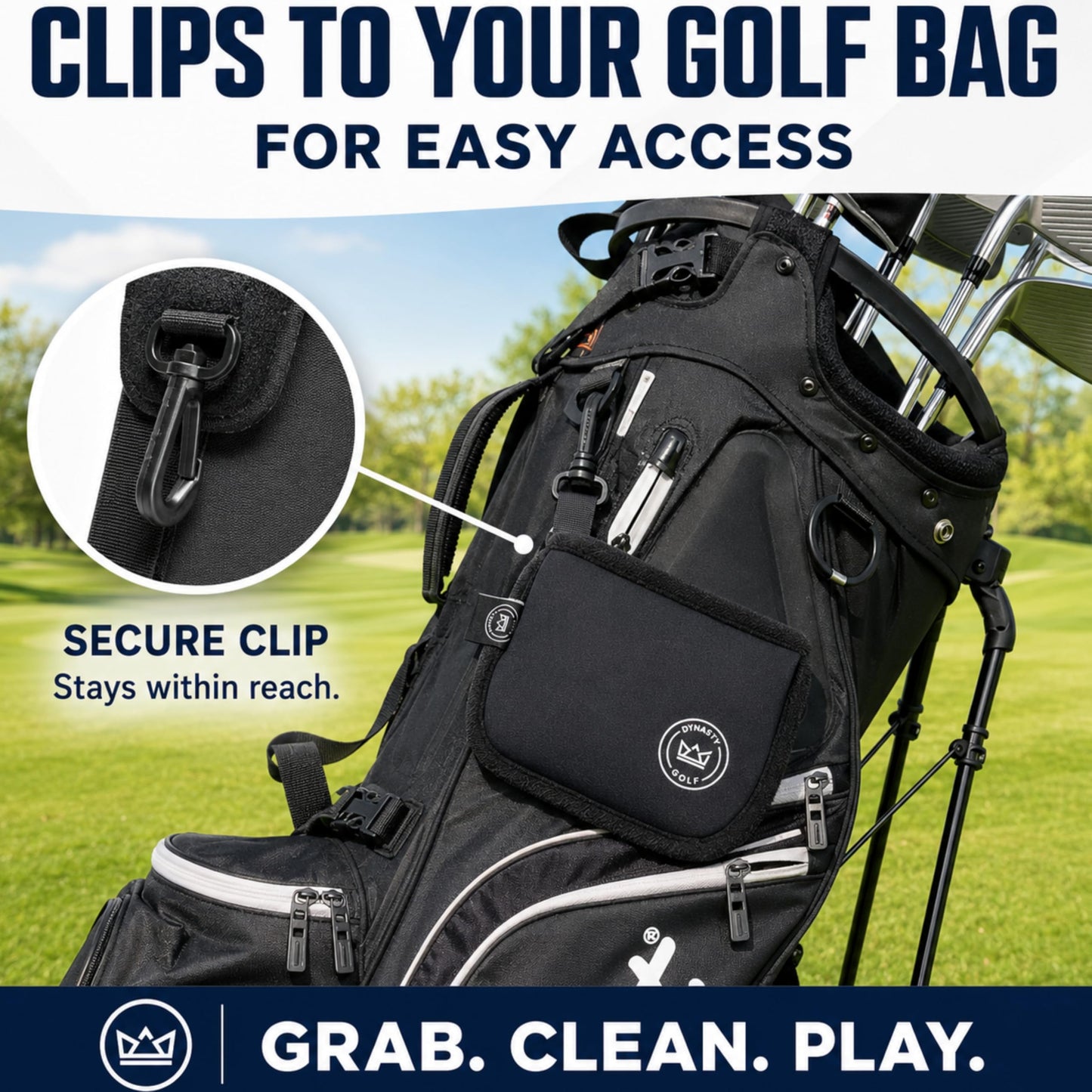 Golf Club and Ball Cleaner for Golf Bag, Clip-On Club and Ball Cleaner Pouch with Waffle Towel Interior, Wet Inside Dry Outside, Club and Ball Cleaner for Golf Bag Use On Course