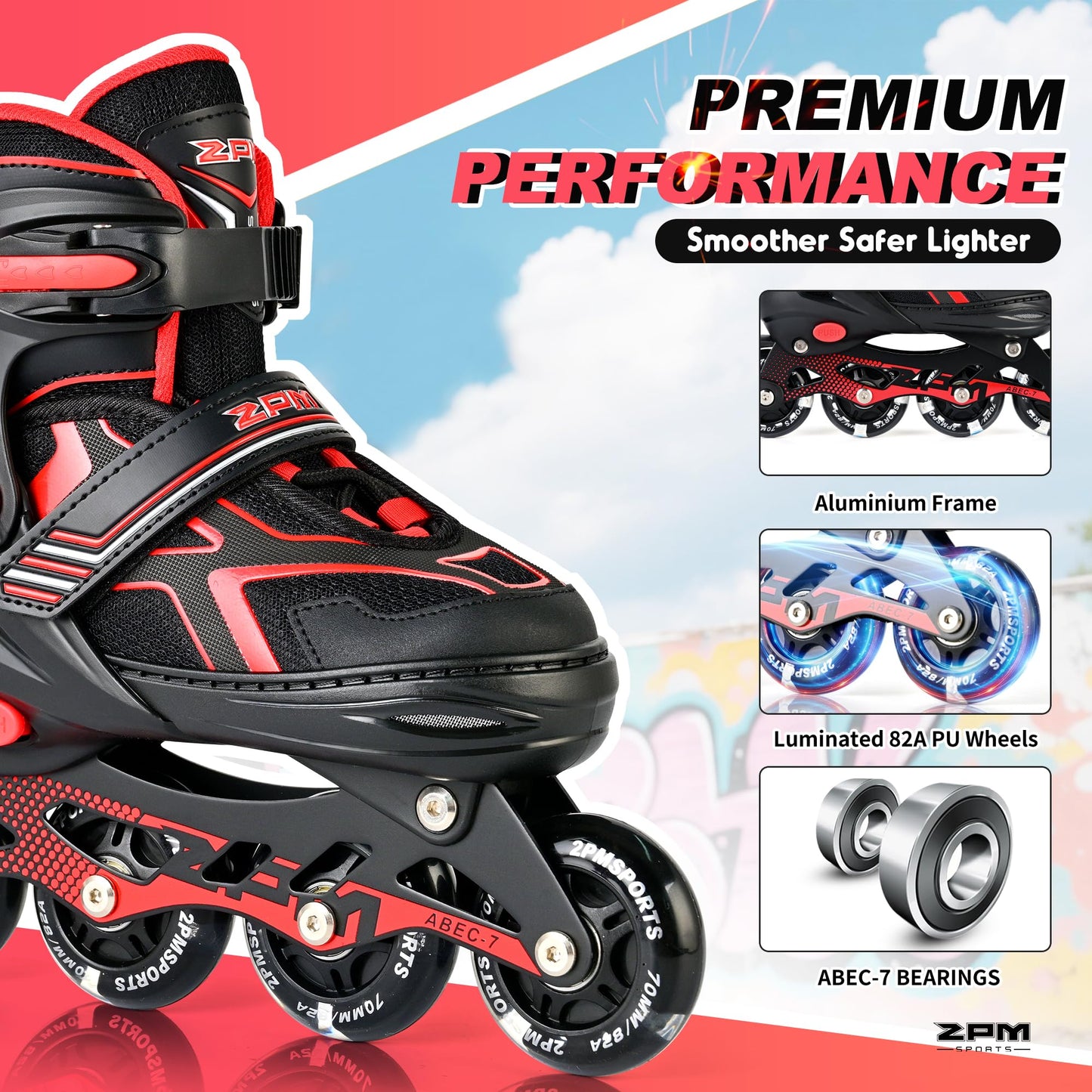 2PM SPORTS Inline Skates for Boys Kids Girls Ages 5-8 8-12 4-6 6-12 with Light Up Wheels, Adjustable Kids Roller Skates Blades for Adults Women Female Beginners Youths Red, Medium - Big Kid (1-4 US)