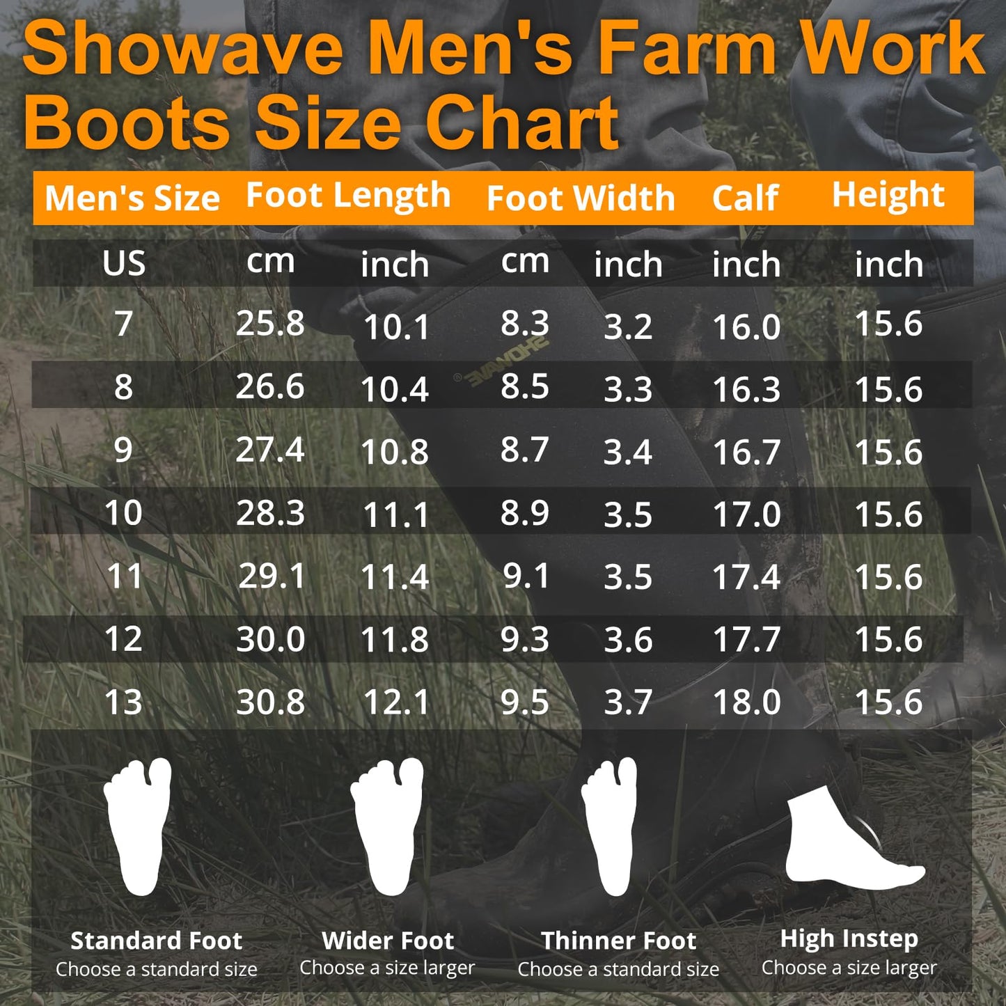 Showave Men's Rubber Boots Knee High Waterproof Insulated Rain Boots for Mud Outdoor Hunting(Black 9)